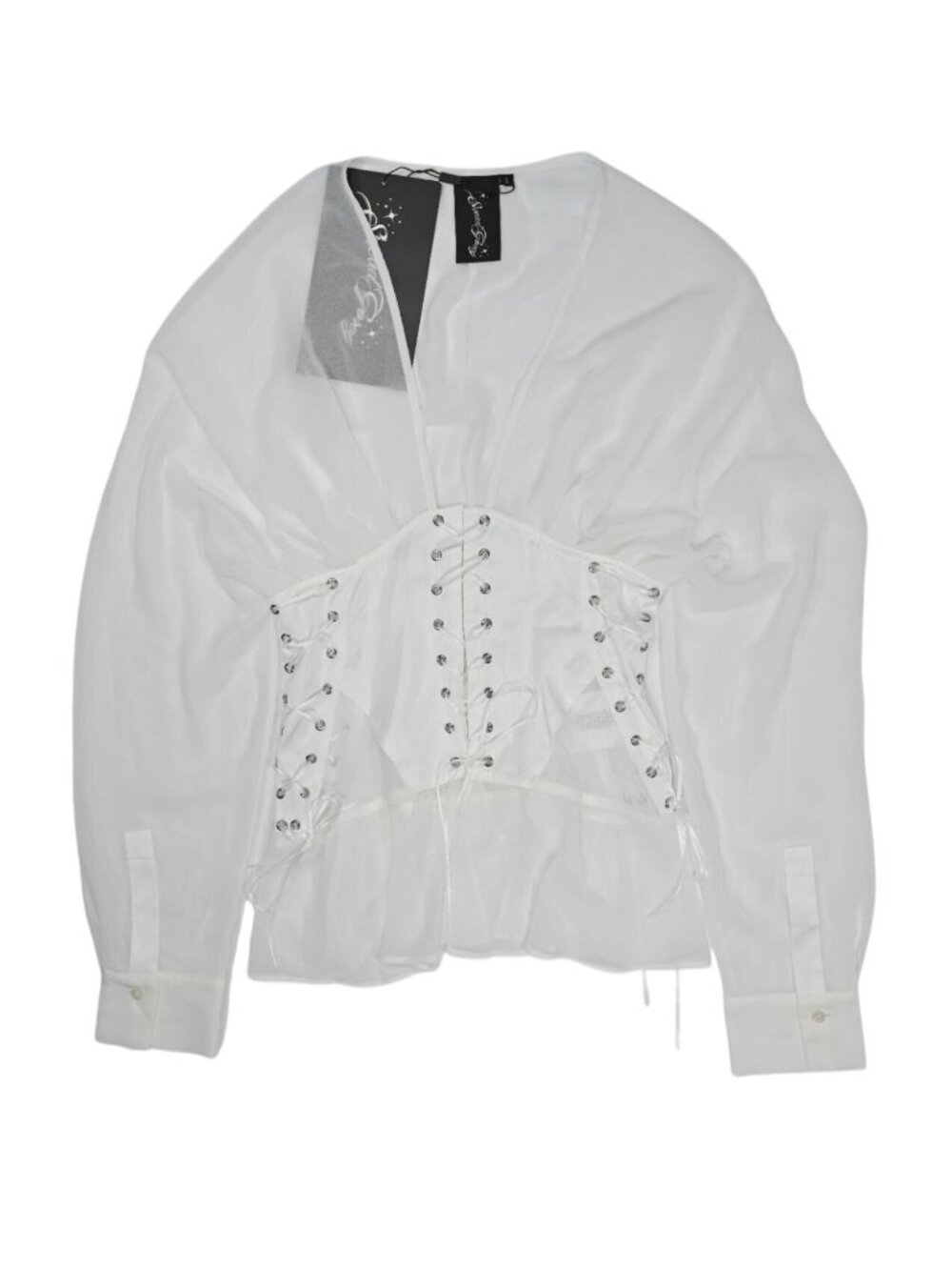 Sinead Gorey Chiffon Corset-Tie Batwing Mini Dress in White